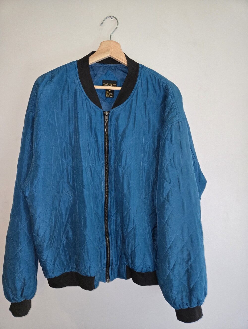 Vintage 100% Silk Bomber Jacket Teal Blue Black Quilted 90s Streetwear Medium